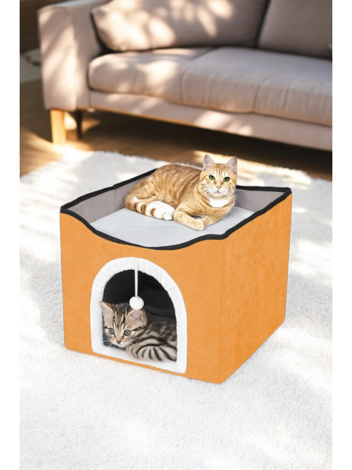 Sevimli Katlanır Taşınabilir Çok Fonksiyonlu Kapalı Kedi Evi Yatağı TURUNCU