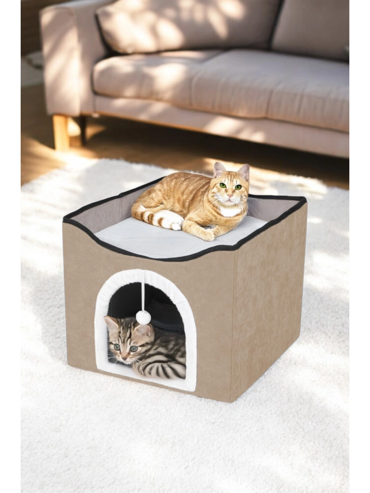 Sevimli Katlanır Taşınabilir Çok Fonksiyonlu Kapalı Kedi Evi Yatağı KAHVERENGİ