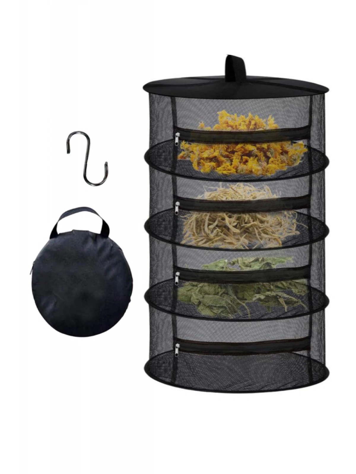 4 Katlı Fermuarlı Meyve Sebze Kurutma Filesi | Katlanabilir Doğal Kurutma Sepeti SİYAH