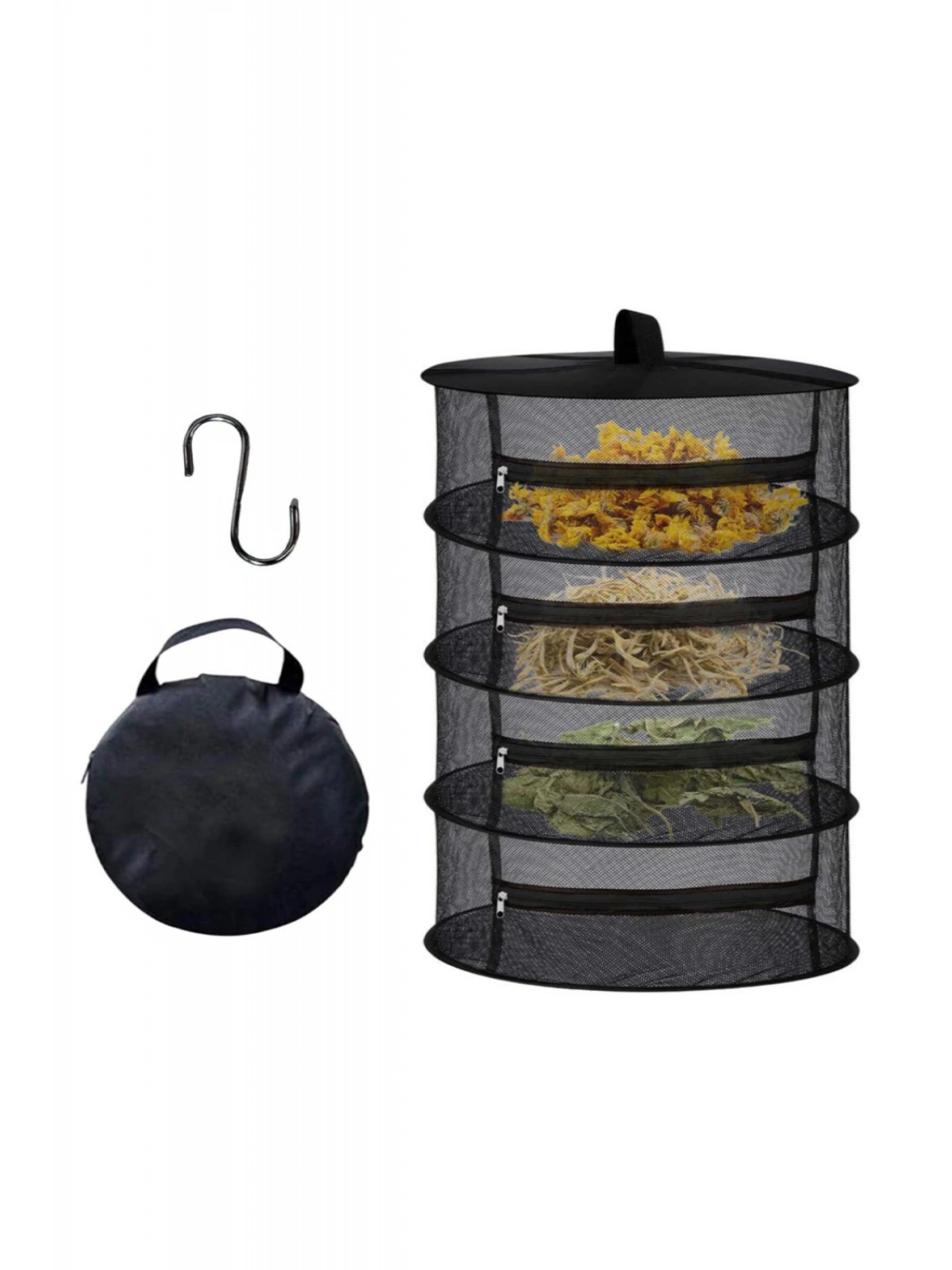 Siyah 4 Katlı Fermuarlı Meyve Sebze Kurutma Filesi Katlanabilir Doğal Kurutma Sepeti