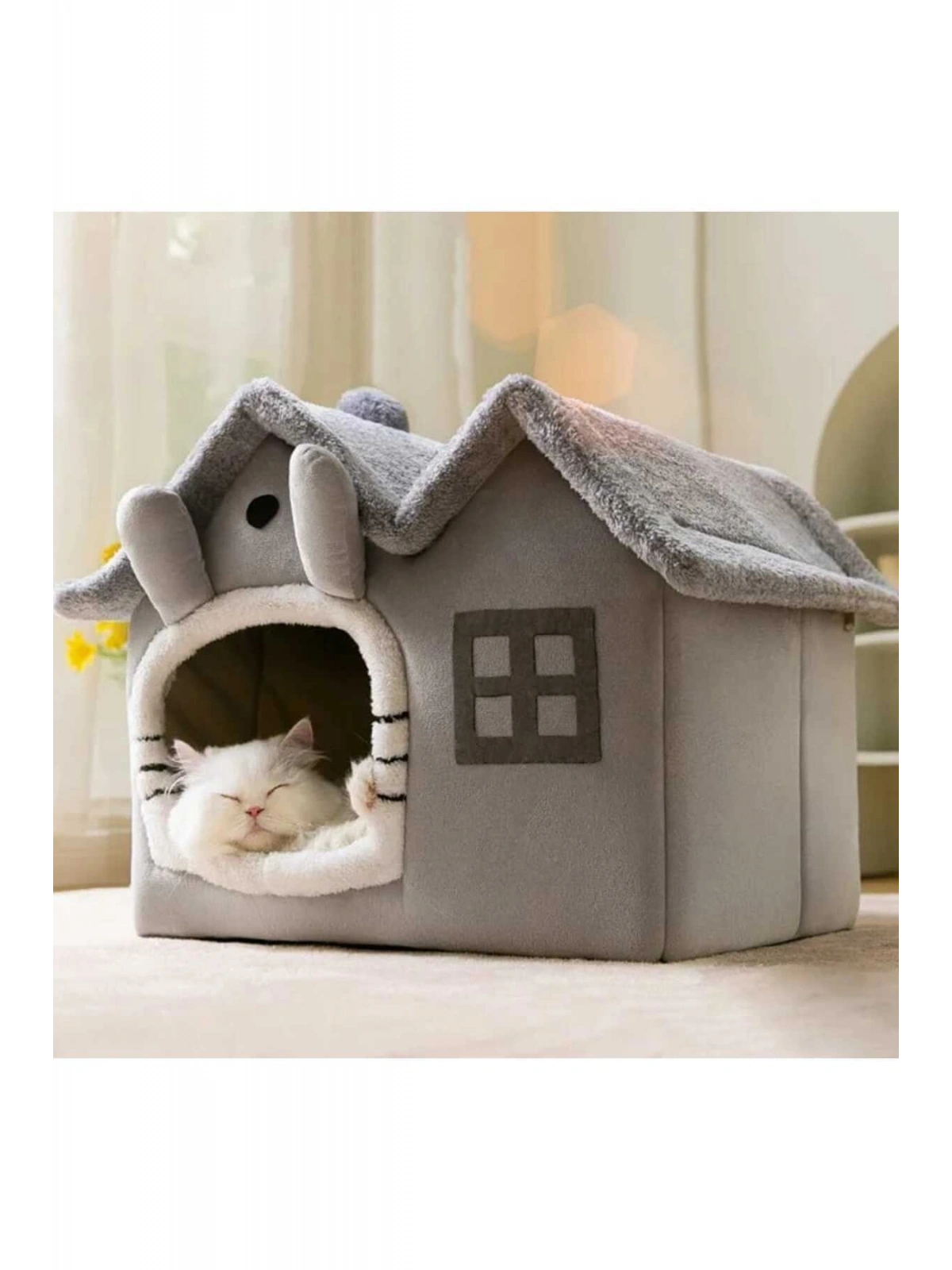 M Beden Kedi Evi Yumuşak Kedi Yatağı Derin Uyku Ve Kış Evi Çıkarılabilir Minder -villa Gri 1 Adet