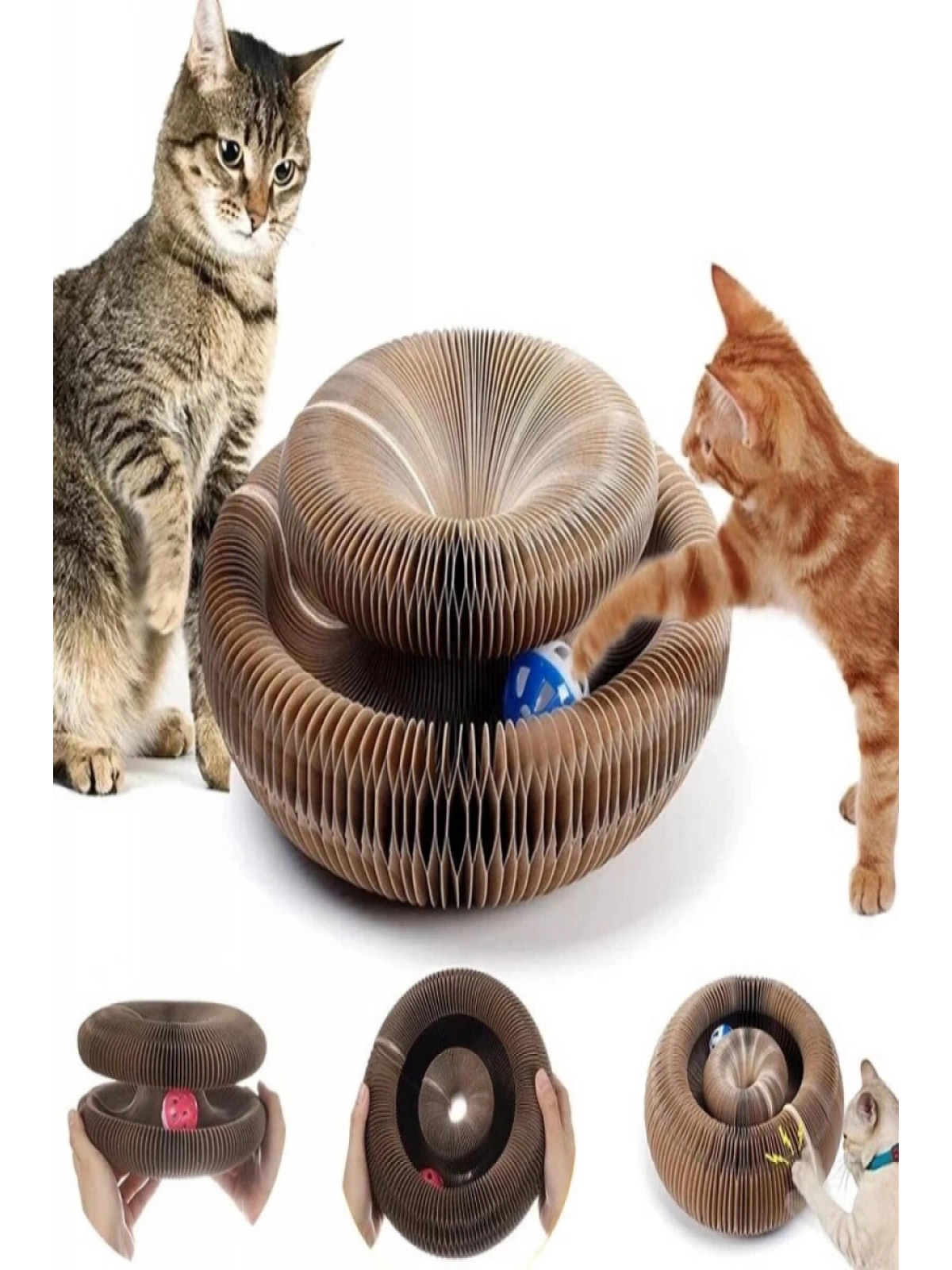 Akordiyon Kedi Tırmalama Oyuncağı, Çıngıraklı Zilli Top Ve Kedi Nanesi Hediyeli Tırmalama Panosu