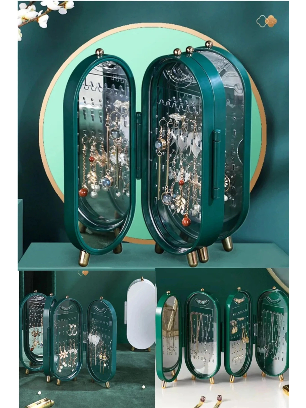 4 Bölmeli Takı Organizeri Aynalı Takı Askısı Yüzük Standı, Küpe Standı, Kolye Düzenleyici YEŞİL