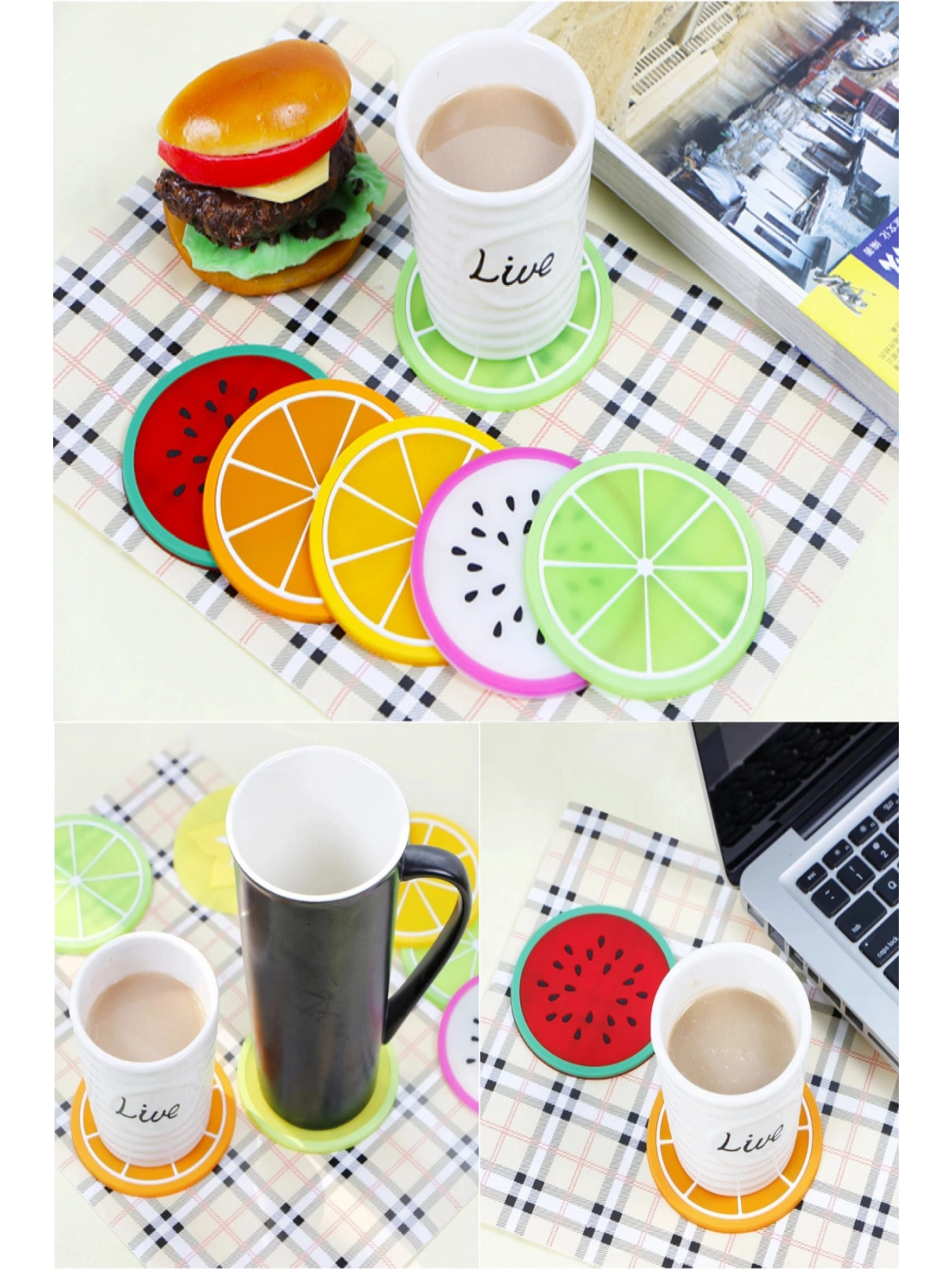 5li Silikon Bardak Altlığı Meyve Şekli Kaymaz Ped Mat Kupa Çay Kahve Bardağı Tutucu Çalışma Masa
