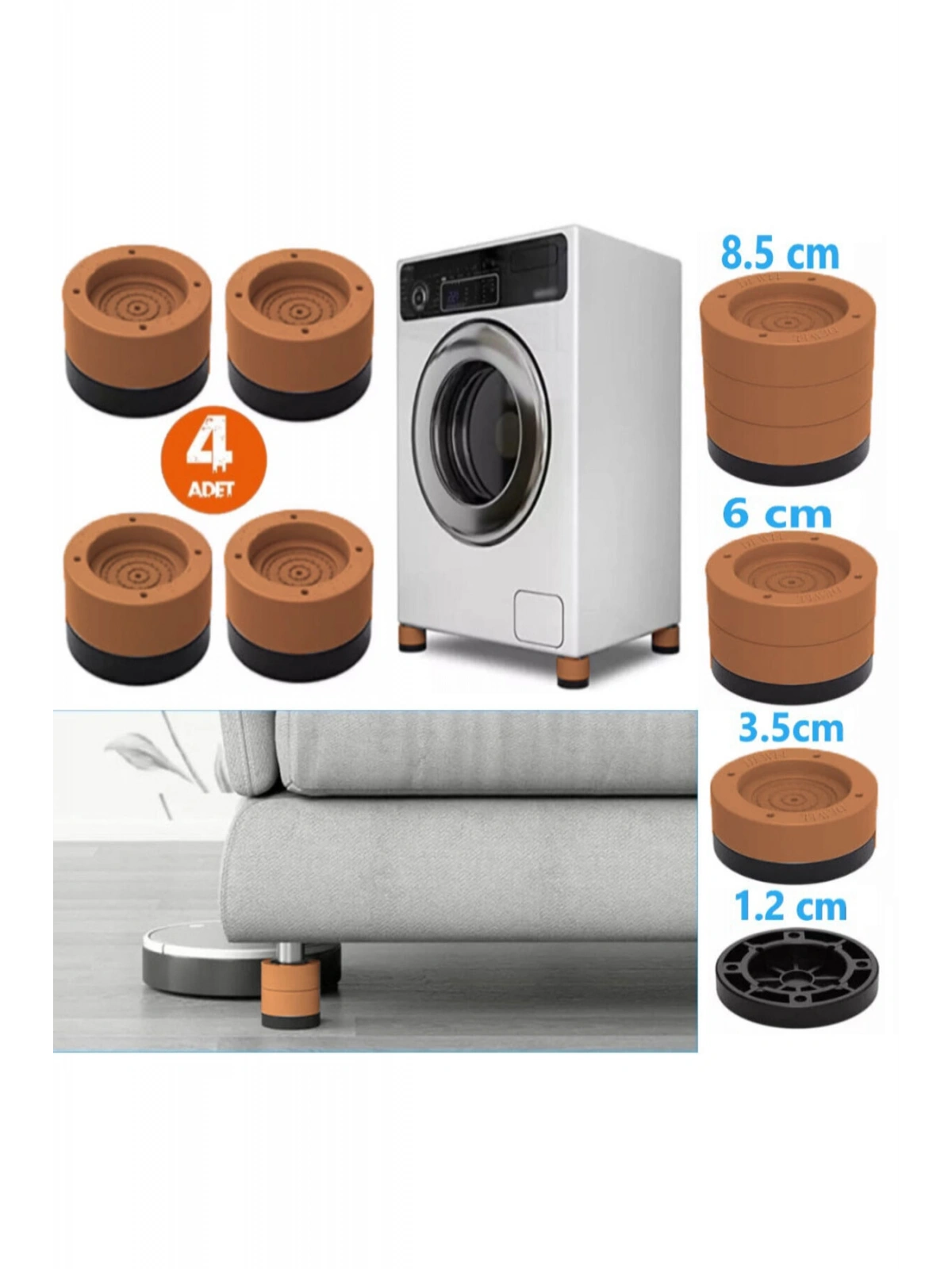 Beyaz Eşya Ayağı Çamaşır Makinesi Mobilya Titreşim Önleyici Kaydırmaz 6 Cm Yükseltici 4 Lü KAHVE