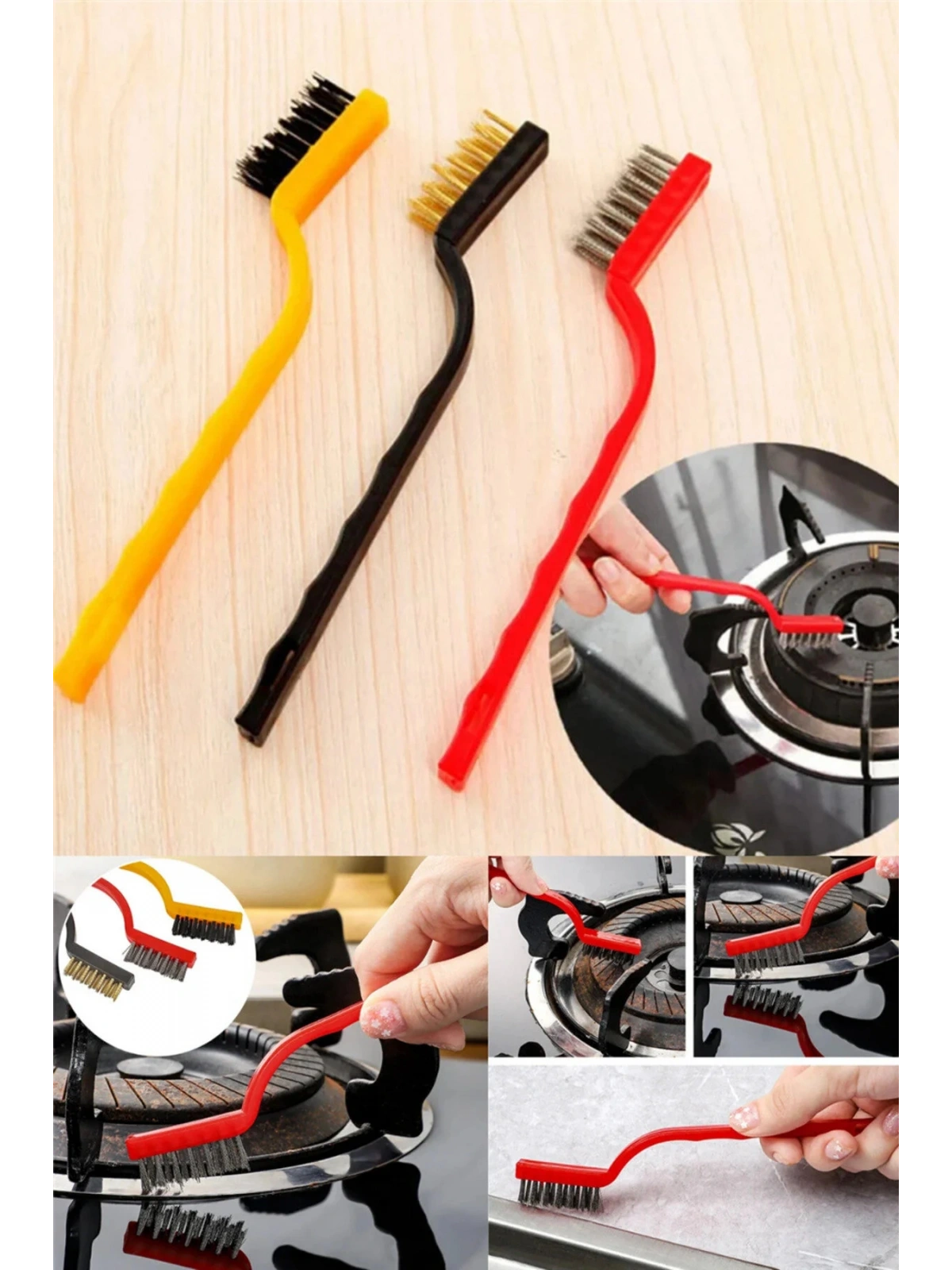 3 Adet Ocak Fırın Mangal Izgara Airfryer Temizliği Tel Pas Sökme Detay 3lü Yağ Temizleme Fırçası