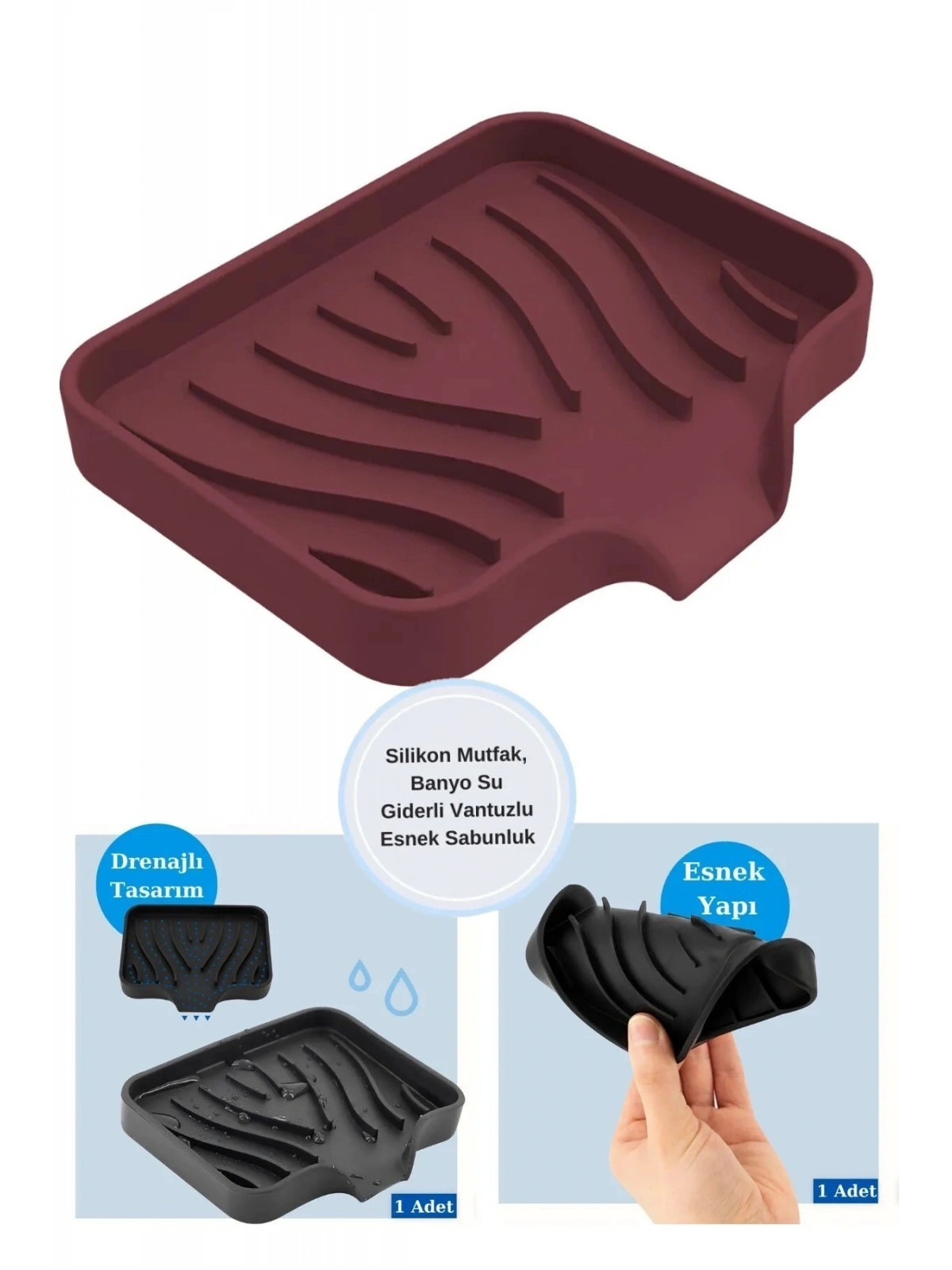 Silikon Mutfak, Banyo Su Giderli Vantuzlu Esnek Sabunluk Bordo Renk