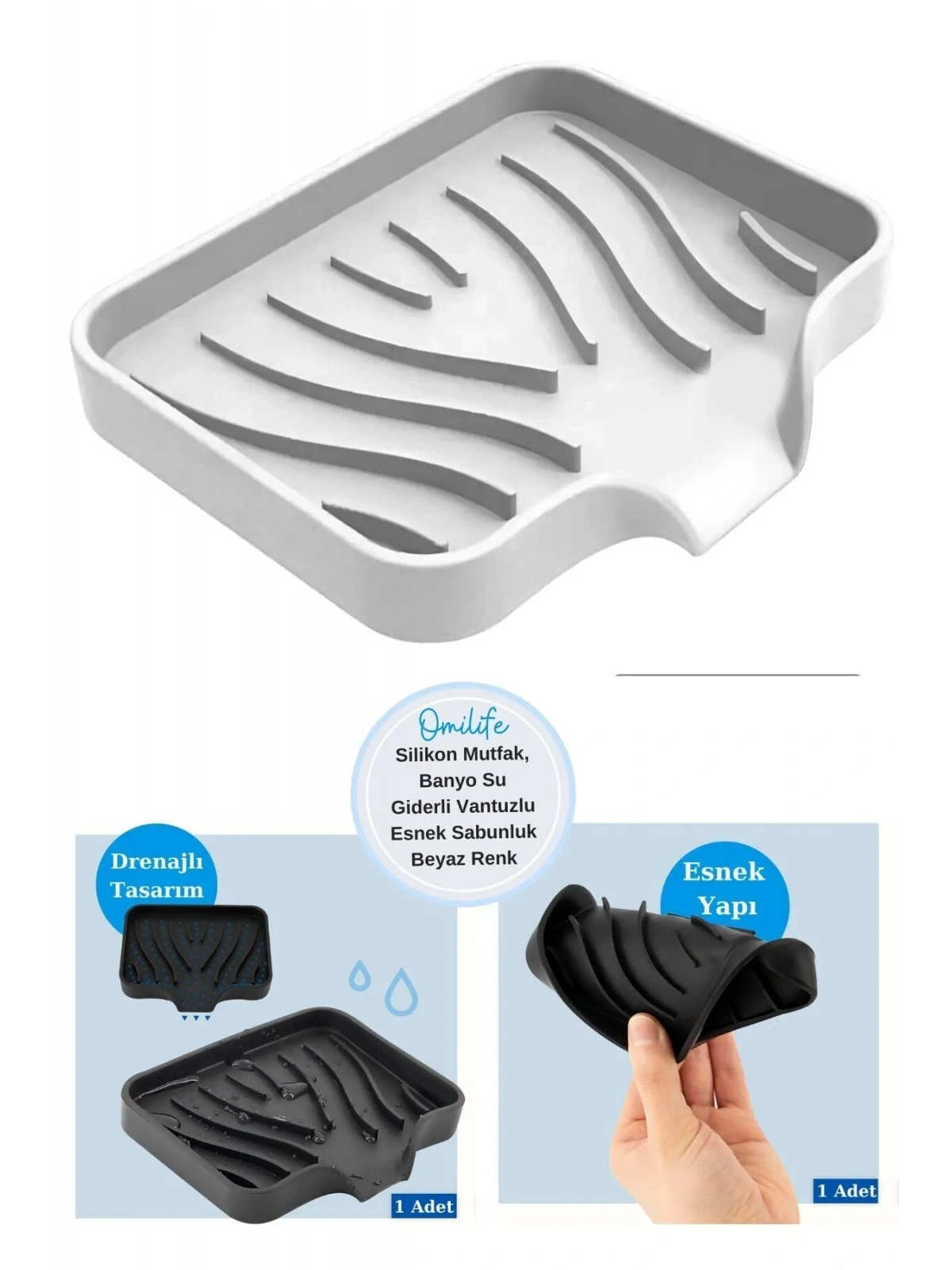 Silikon Mutfak, Banyo Su Giderli Vantuzlu Esnek Sabunluk BEYAZ Renk