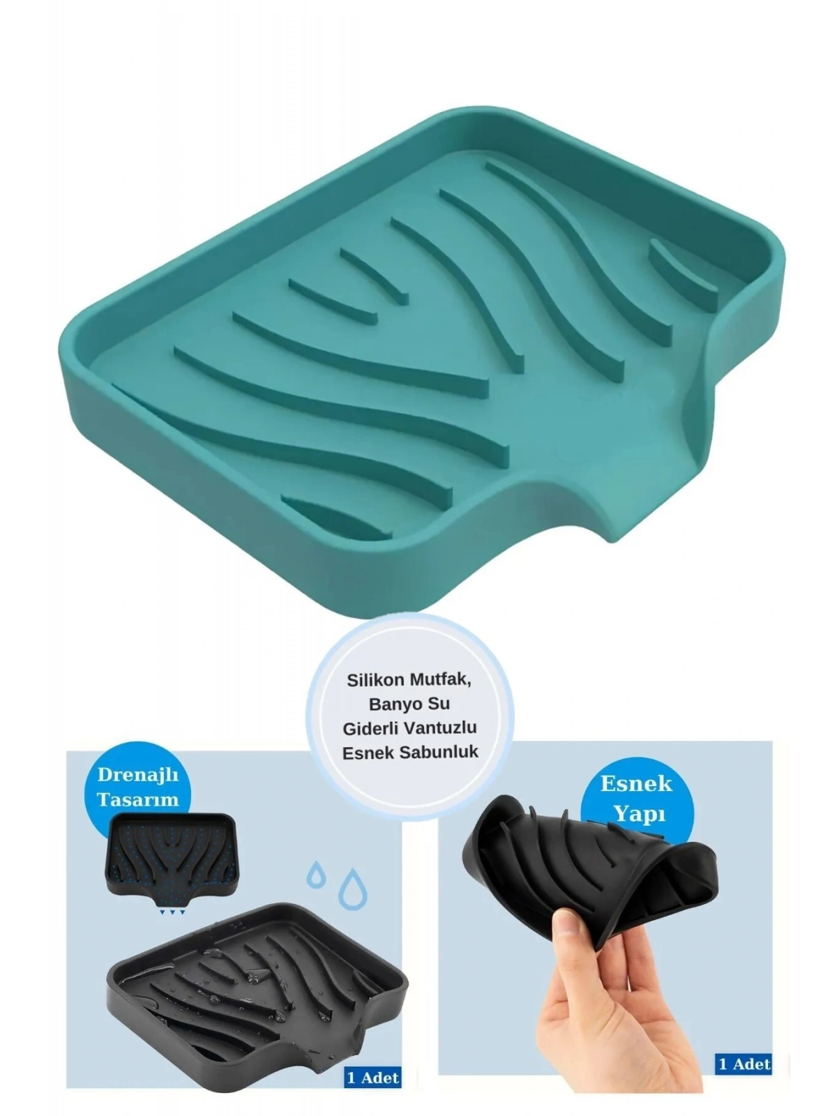 Silikon Mutfak, Banyo Su Giderli Vantuzlu Esnek Sabunluk TURKUAZ Renk