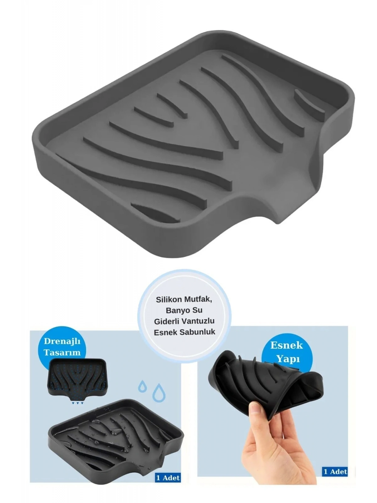 Silikon Mutfak, Banyo Su Giderli Vantuzlu Esnek Sabunluk GRİ Renk