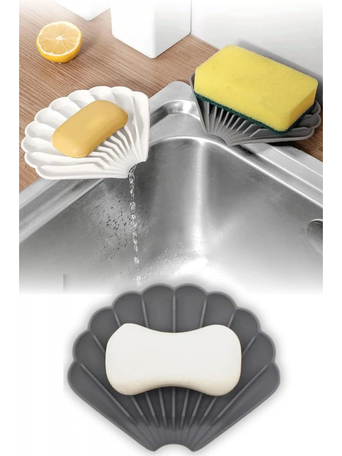 GRİ Renk Kaymaz İstiridye Şekilli Silikon Sabunluk Sabun Depolama Tutucu ve Taşınabilir Sabunluk