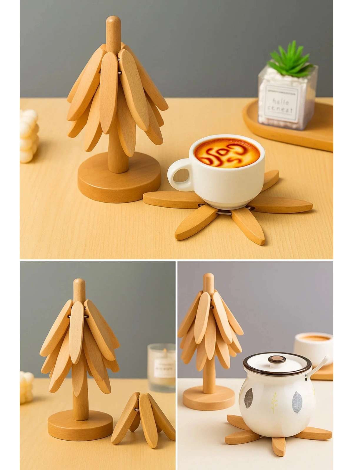 3lü Standlı Bambu Nihale Seti, Isıya Dayanıklı Bardak ve Tencere Altı Katlanır Nihale