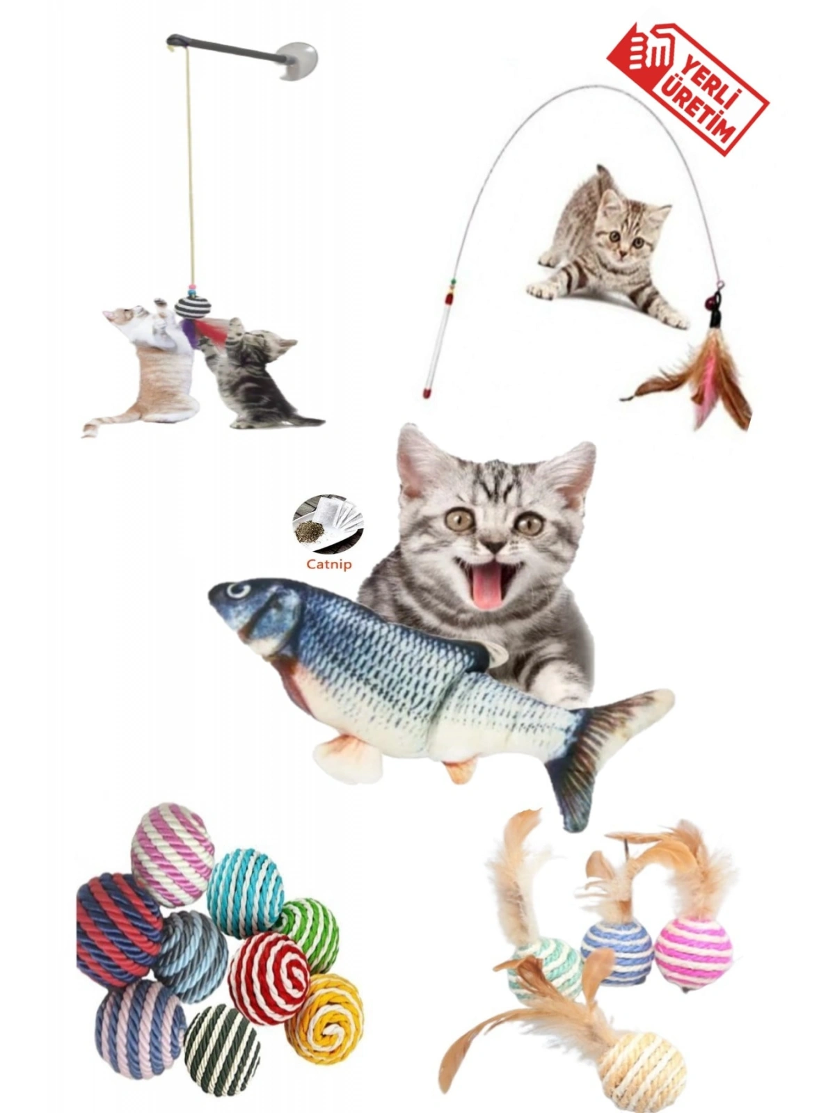 5 Li Set 1 Adet 90 Cm Olta 1adet Tüylü Top 1adet Vantuzlu Olta 1adet Ip Sarma Top 1adet Peluş Balık