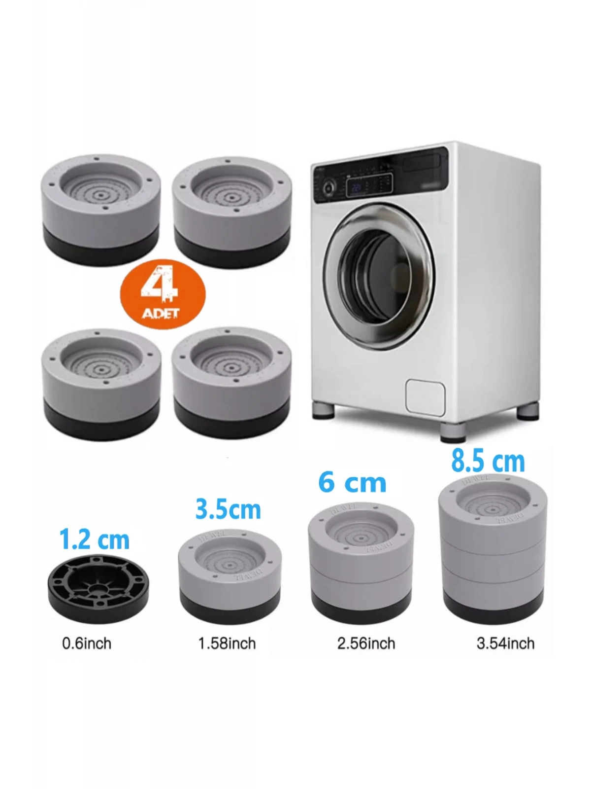 Beyaz Eşya Ayağı Çamaşır Makinesi Titreşim Önleyici Ve 3.5 Cm Yükseltici 4 Lü Set