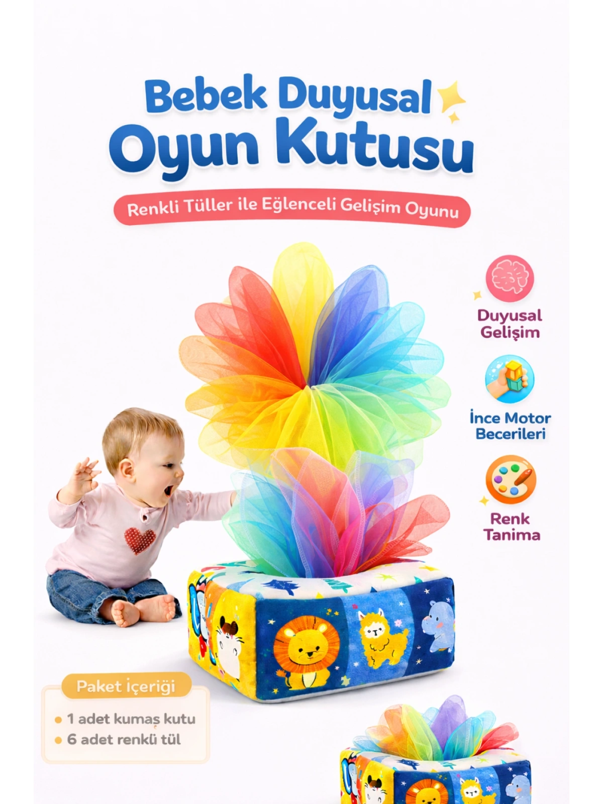 TİNEKE Bebekler İçin Eğitici Duyusal Oyun Kutusu Oyuncağı Renkli Tül Oyunu Peçetelik Eğitici Oyuncak