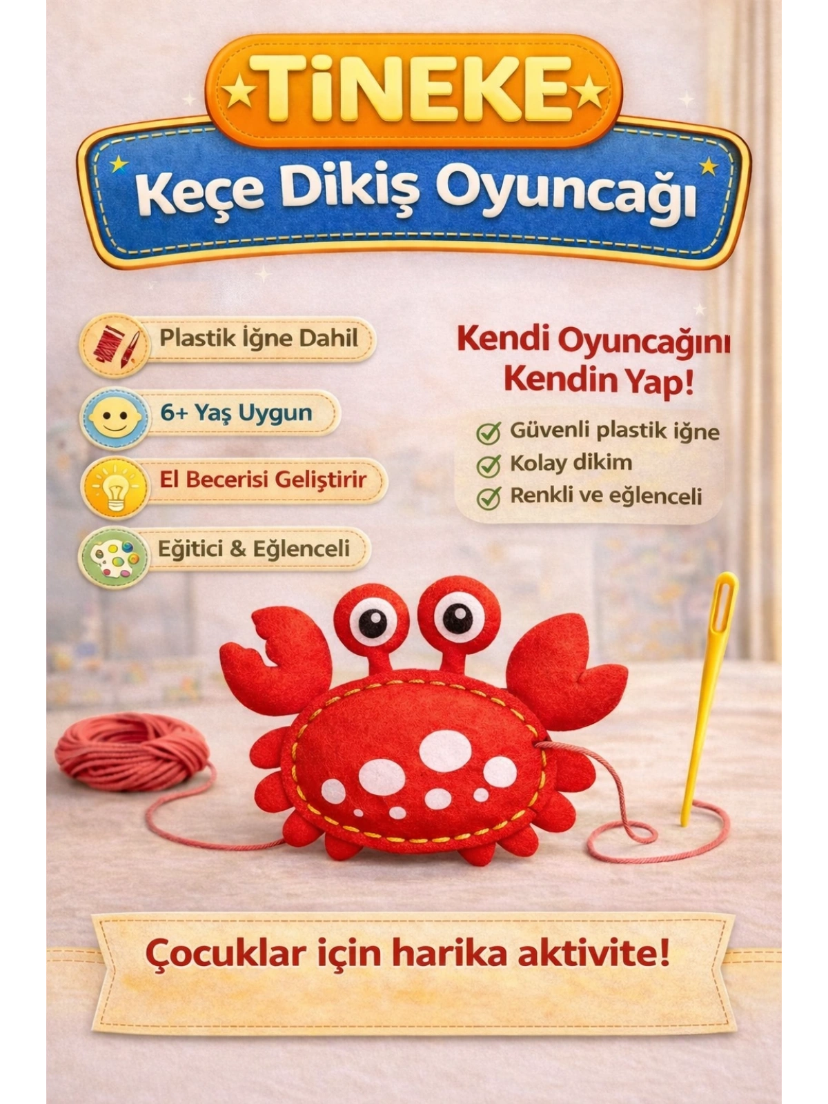 TİNEKE 1 Adet 3 Yaş Çocuklar Için Eğitici Oyuncak Kendin Yap Montessori Keçe Dikiş El Sanatları Seti YENGEÇ