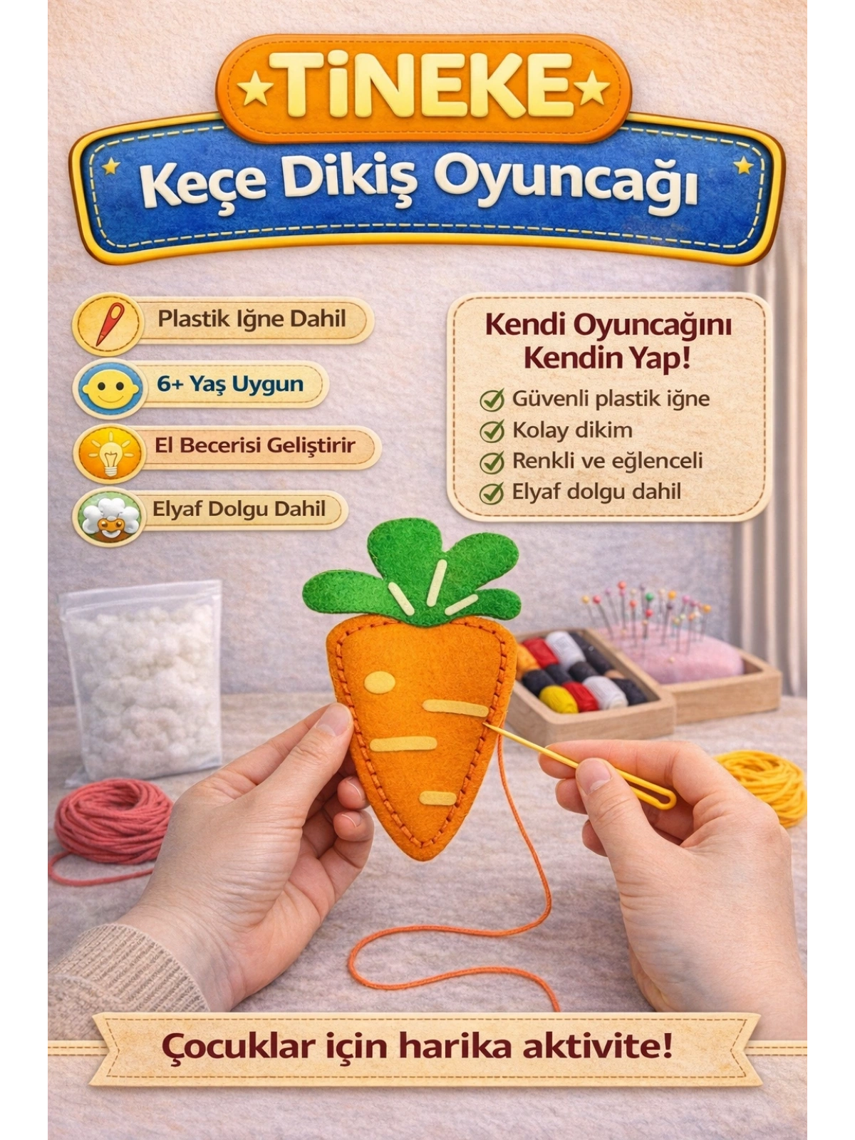 TİNEKE 1 Adet 3 Yaş Çocuklar Için Eğitici Oyuncak Kendin Yap Montessori Keçe Dikiş El Sanatları Seti HAVUÇ