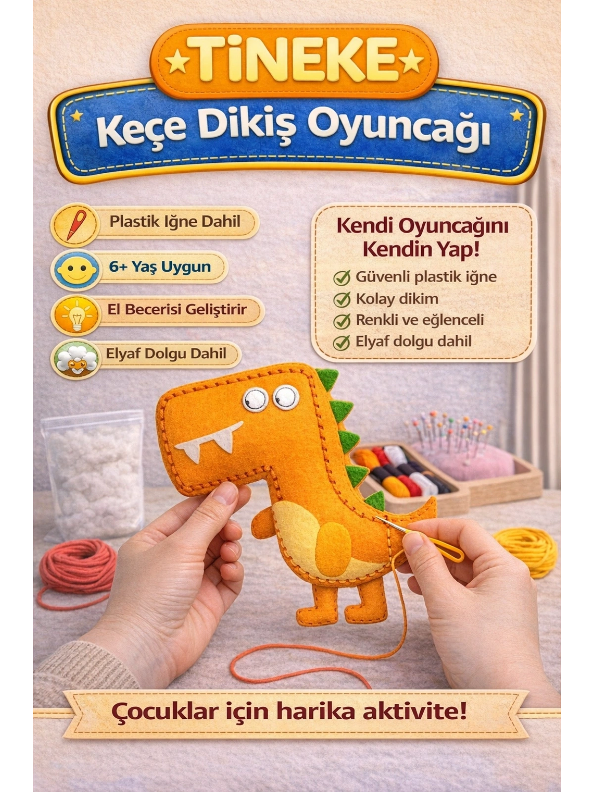 TİNEKE 1 Adet 3 Yaş Çocuklar Için Eğitici Oyuncak Kendin Yap Montessori Keçe Dikiş El Sanatları Seti DİNOZOR
