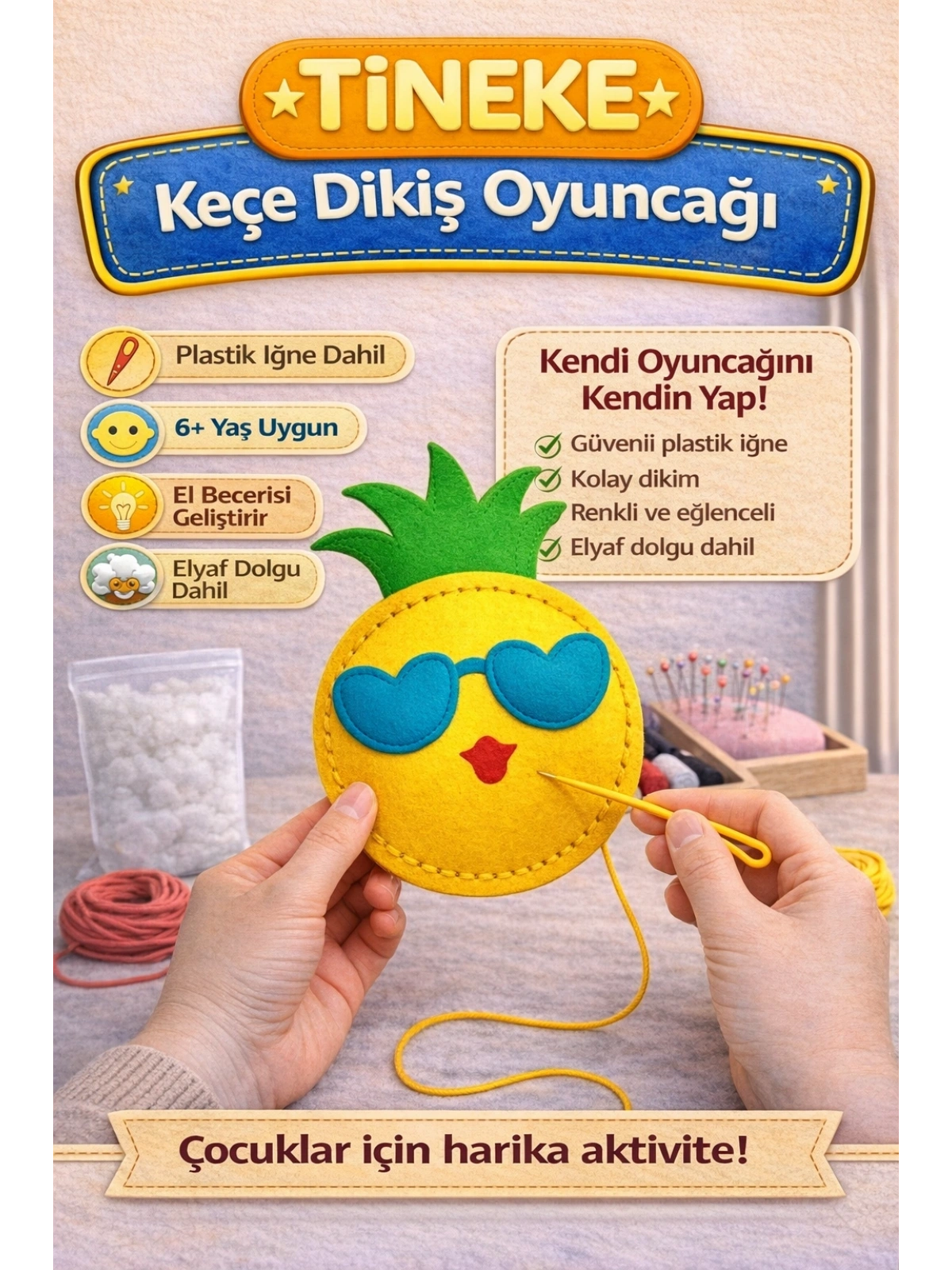 TİNEKE 1 Adet 3 Yaş Çocuklar Için Eğitici Oyuncak Kendin Yap Montessori Keçe Dikiş El Sanatları Seti ANANAS