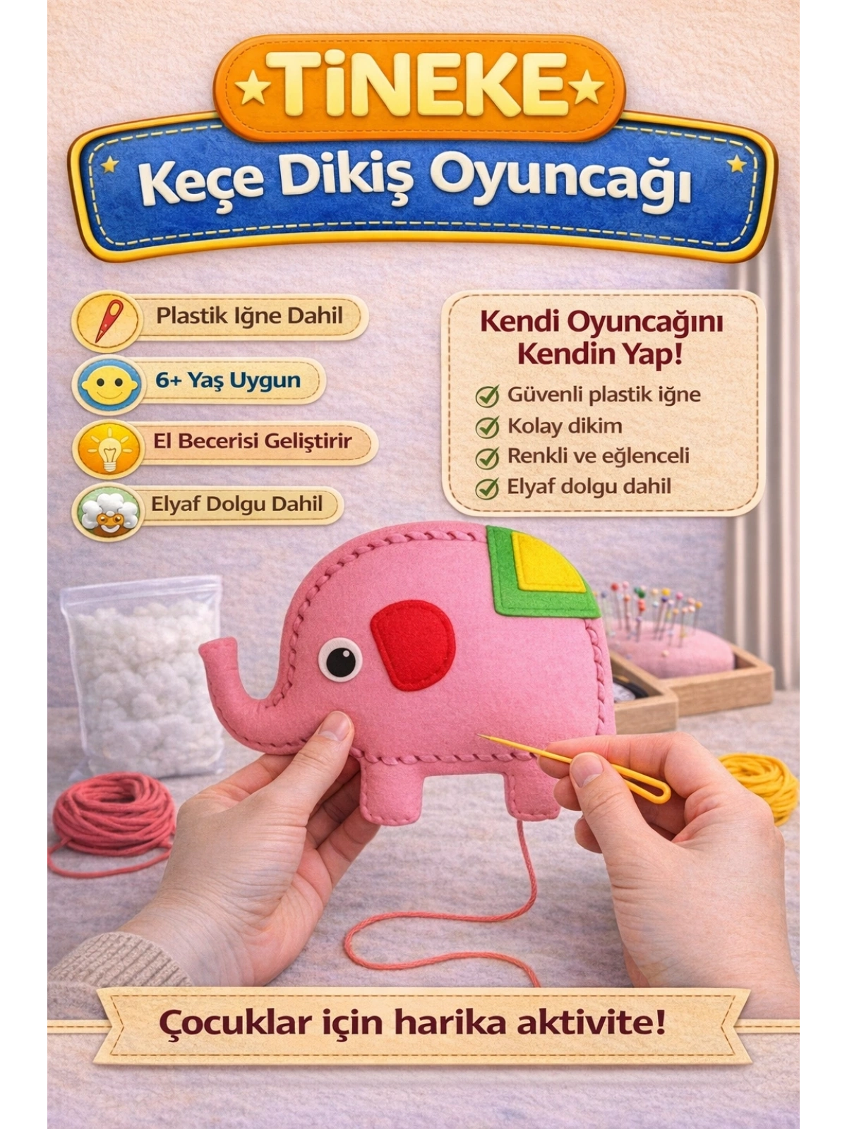 TİNEKE 1 Adet 3 Yaş Çocuklar Için Eğitici Oyuncak Kendin Yap Montessori Keçe Dikiş El Sanatları Seti FİL