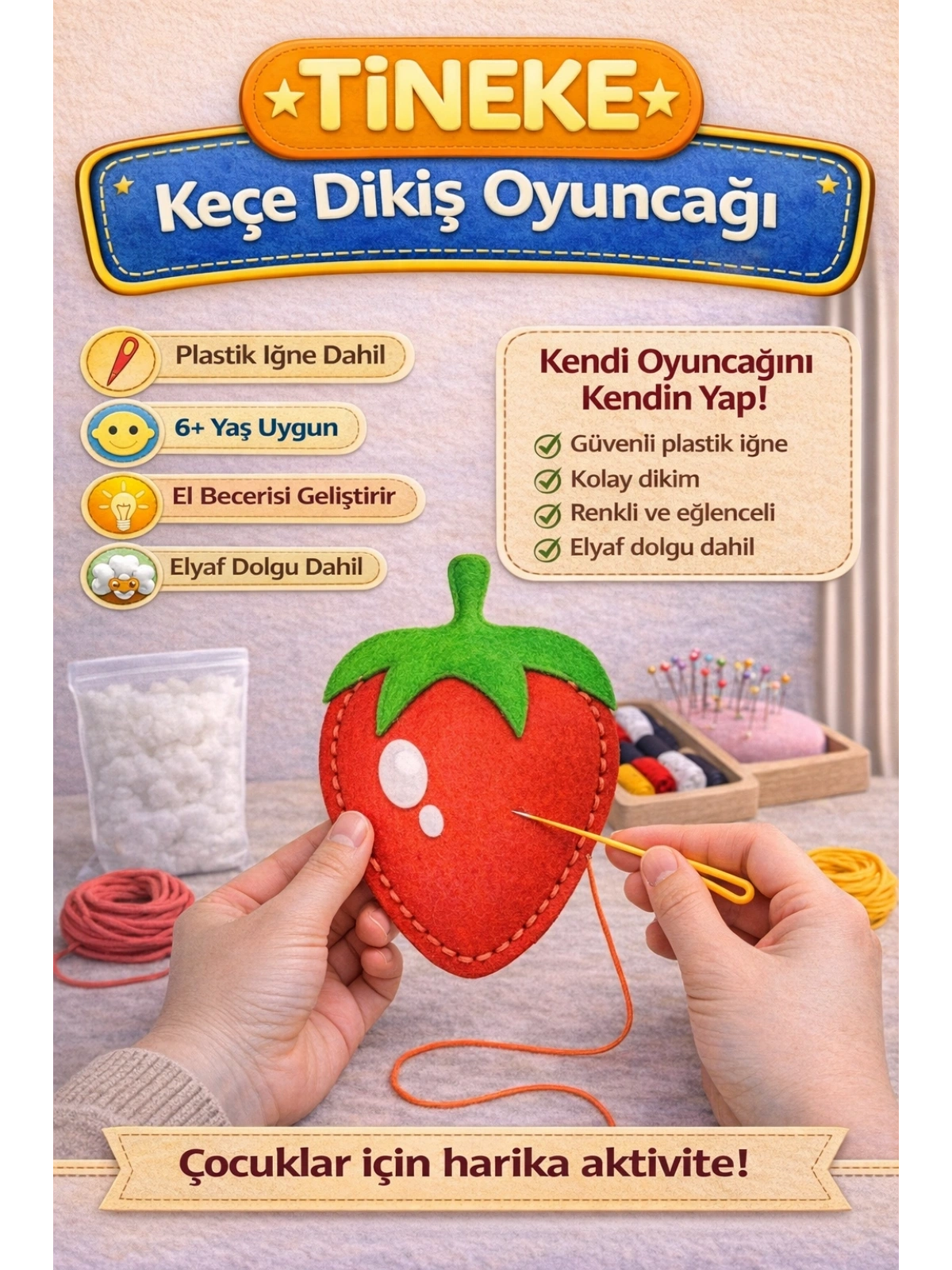 TİNEKE 1 Adet 3 Yaş Çocuklar Için Eğitici Oyuncak Kendin Yap Montessori Keçe Dikiş El Sanatları Seti ÇİLEK