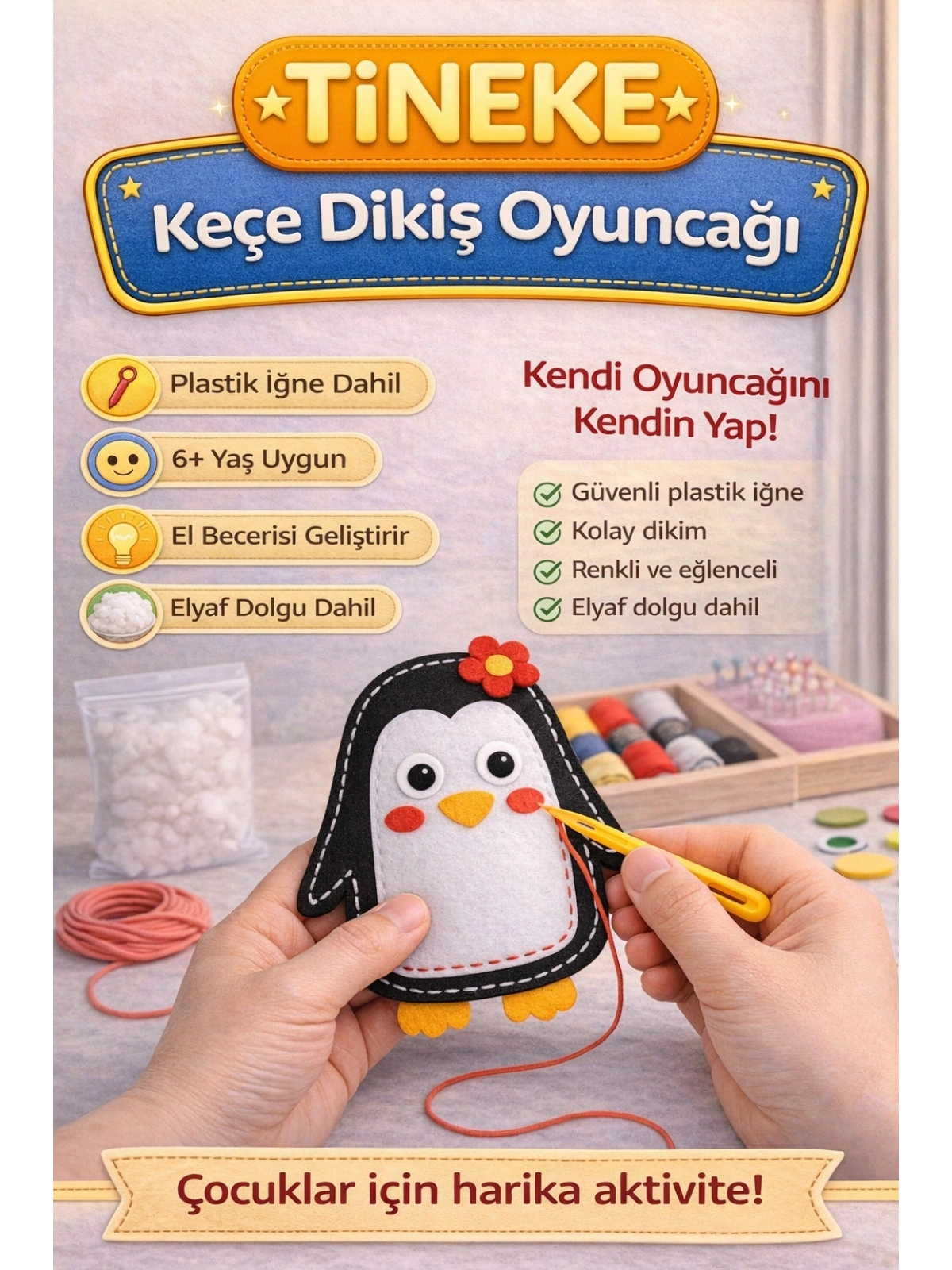 TİNEKE 1 Adet 3 Yaş Çocuklar Için Eğitici Oyuncak Kendin Yap Montessori Keçe Dikiş El Sanatları Seti PENGUEN