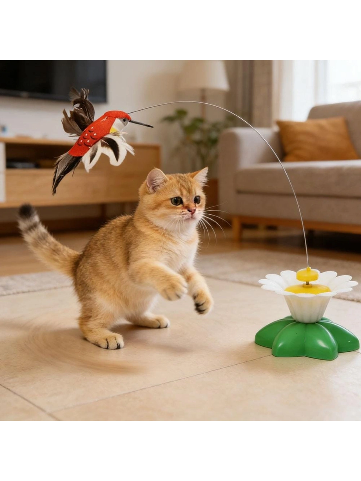 TİNEKE Hareketli Dönen Kuş Kedi Oyuncağı ( Pille Çalışır)