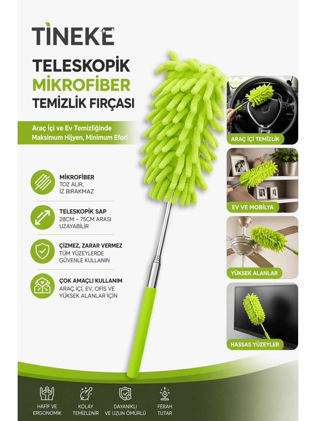 TİNEKE Teleskobik Mikrofiber Araç Içi Ve Temizlik Fırçası