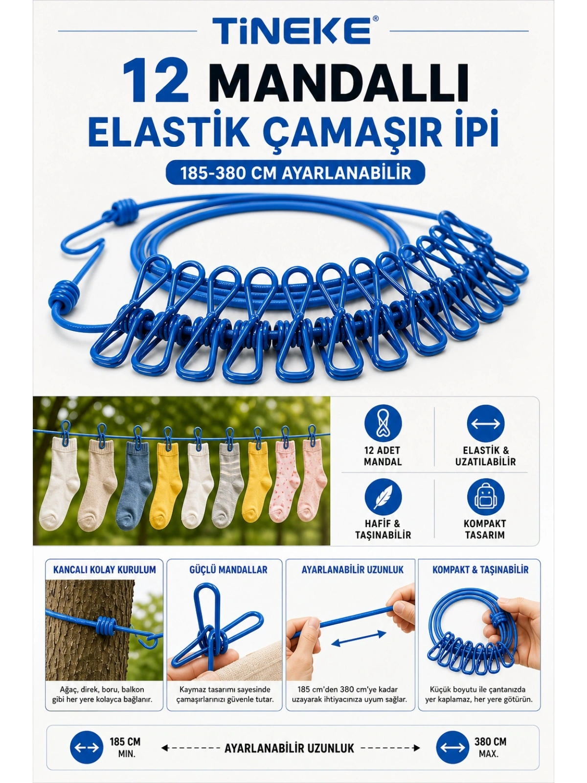 TİNEKE 12 Mandallı Taşınabilir Elastik Çamaşır İpi | 185-380 cm Ayarlanabilir | Kamp, Seyahat ve Balkon İçin