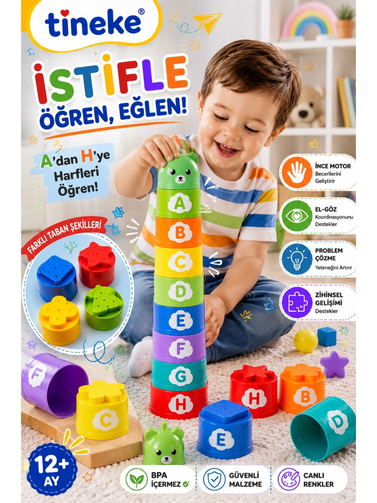 TİNEKE Bebekler İçin Harf İstiflenebilir Bardak Oyuncağı 9 Parça Eğitici Denge ve Sıralama Oyunu