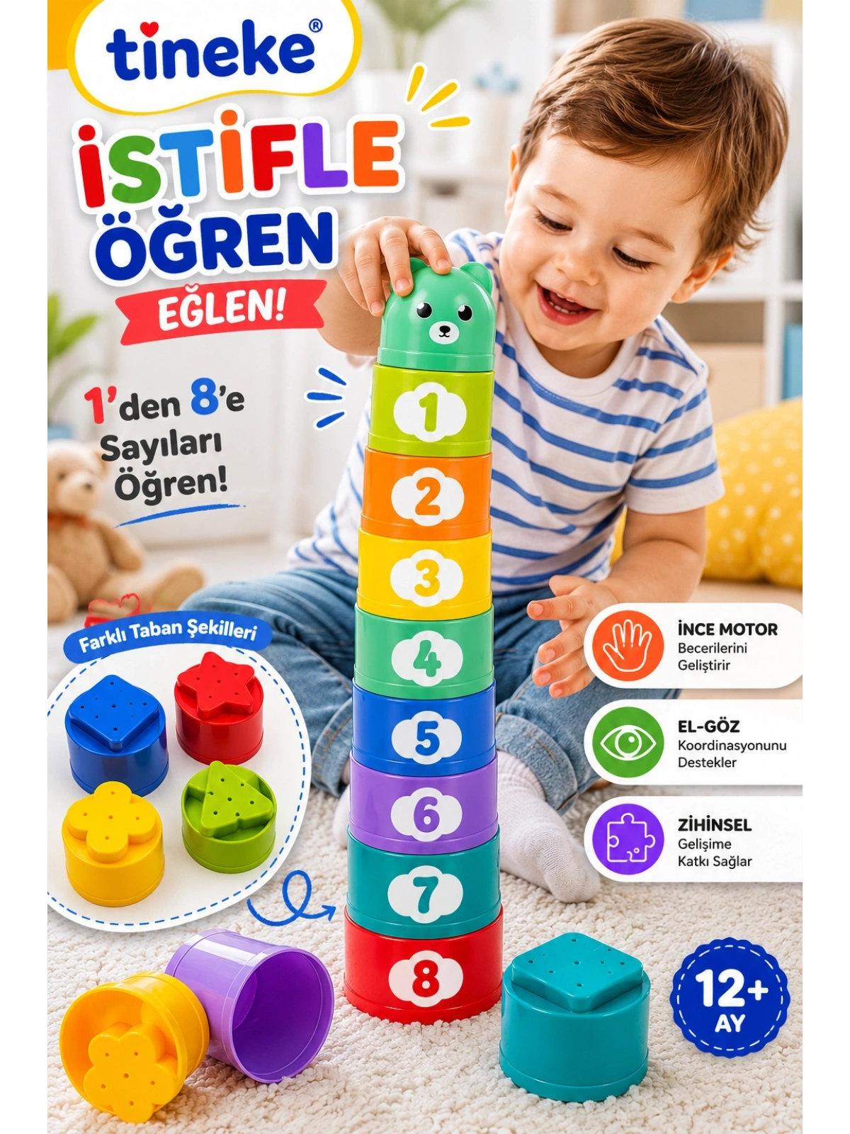 TİNEKE Bebekler İçin Sayılı İstiflenebilir Bardak Oyuncağı 9 Parça Eğitici Denge ve Sıralama Oyunu
