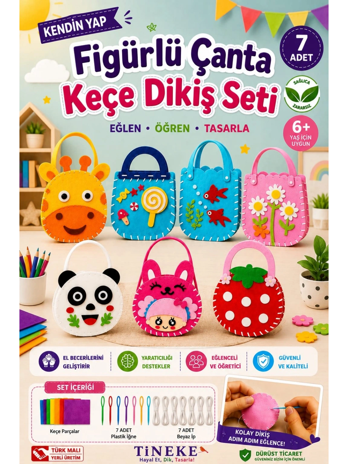 Tineke Figürlü Keçe Dikiş Seti 7li Kendin Yap Çanta Yapım Seti Eğitici Hobi Oyuncağı El Becerisi 6+ Yaş