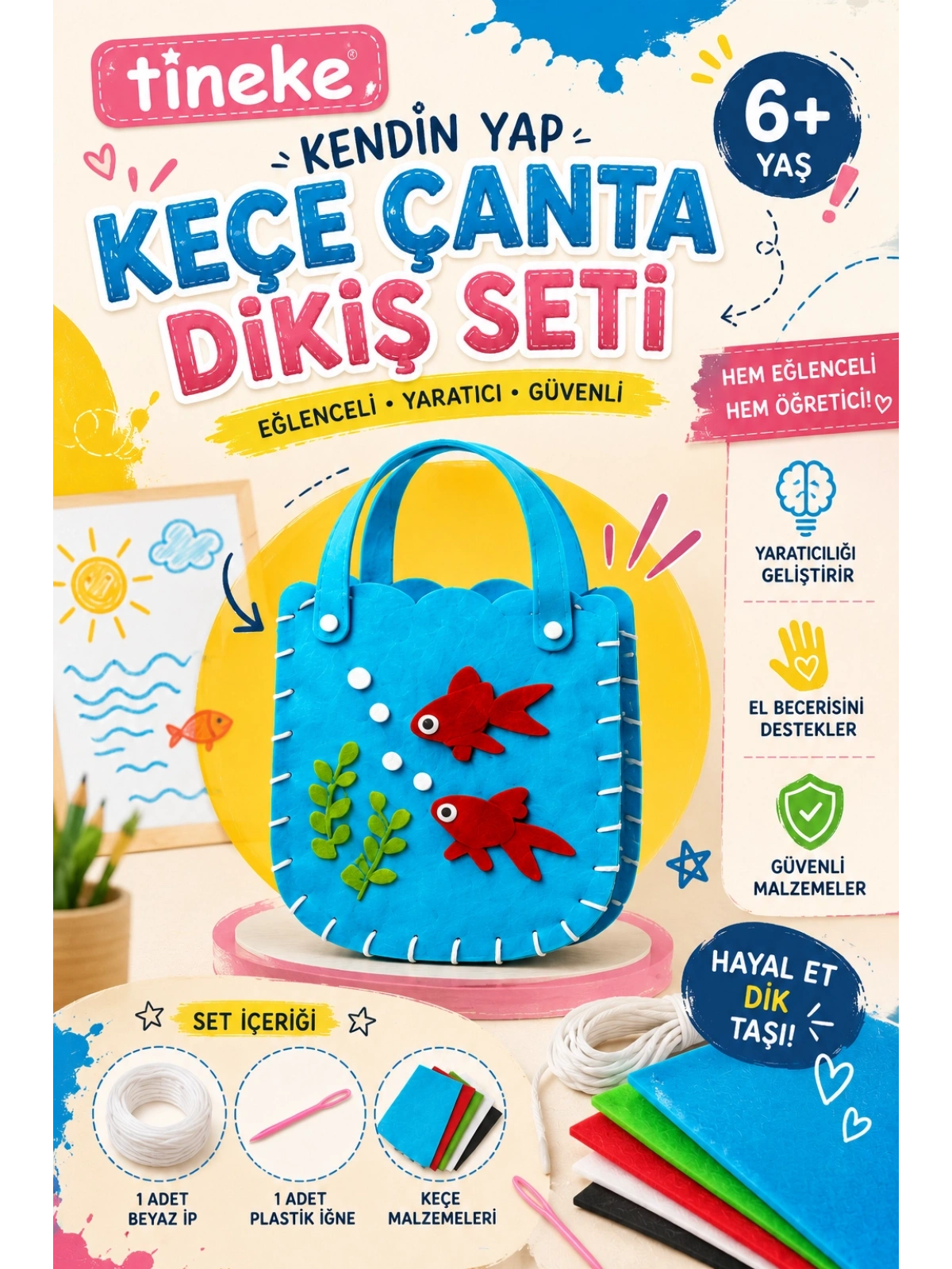 TİNEKE Kendin Yap Keçe Çanta Dikiş Seti – Balıklı Model | Çocuk El Sanatları Hobi Seti | 6 Yaş+ 1 adet