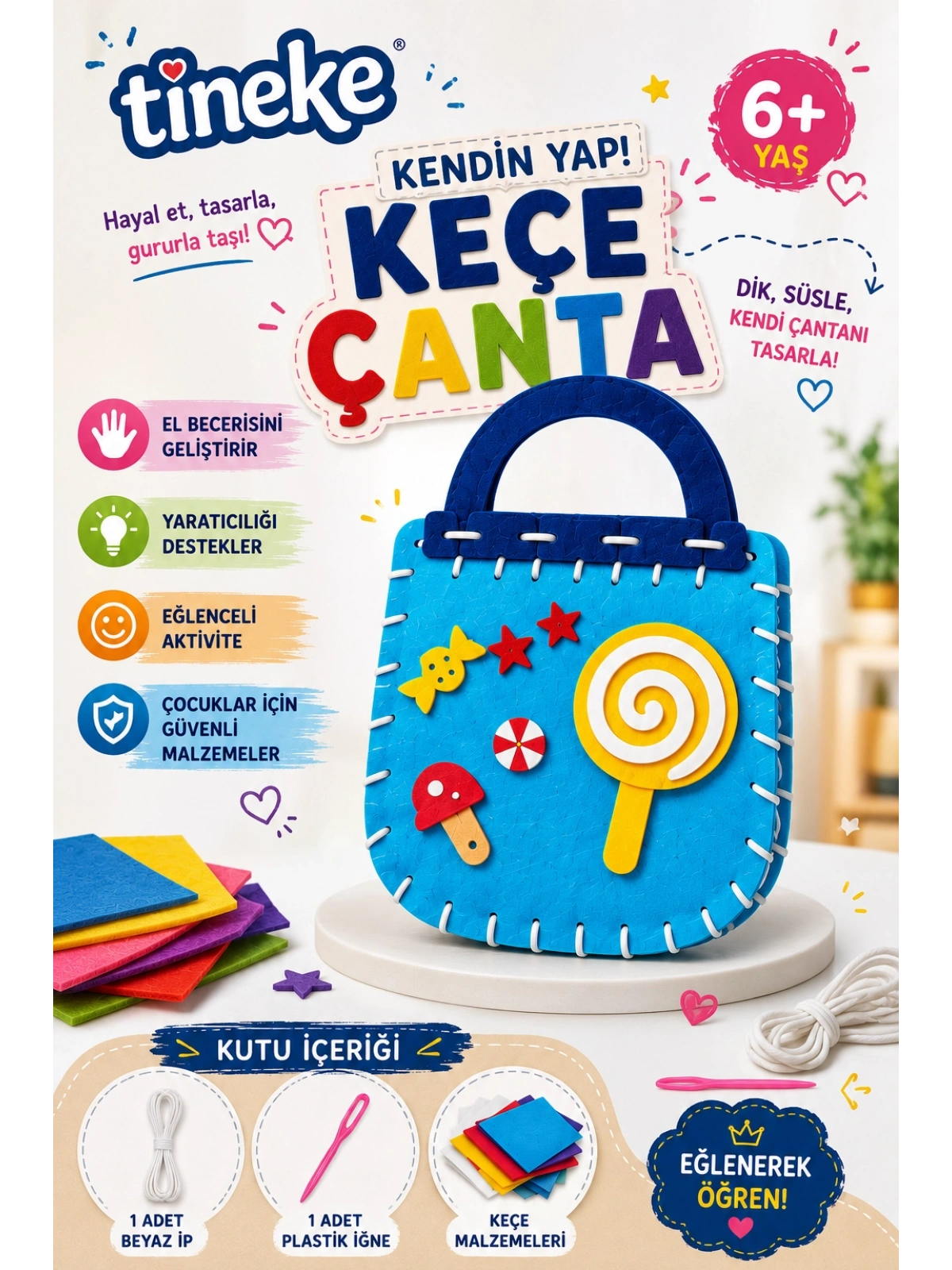 TİNEKE Kendin Yap Keçe Çanta Yapım Seti  Mavi Lolipop Desenli, Eğitici Oyuncak Hobi ve El Sanatları Oyuncağı, 6 Yaş 1 ADET