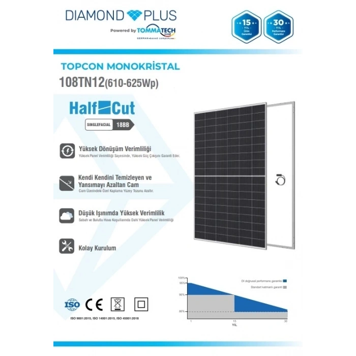 Tommatech Diamond Plus 625W 108 HC Topcon Monofacial Güneş Paneli