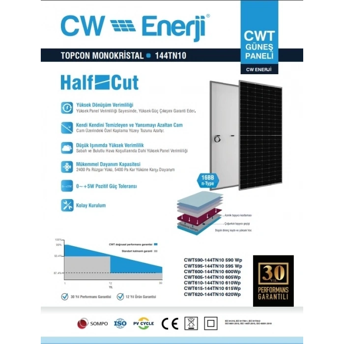 CW Enerji 595W 144TN10 Monofacial Topcon Güneş Paneli