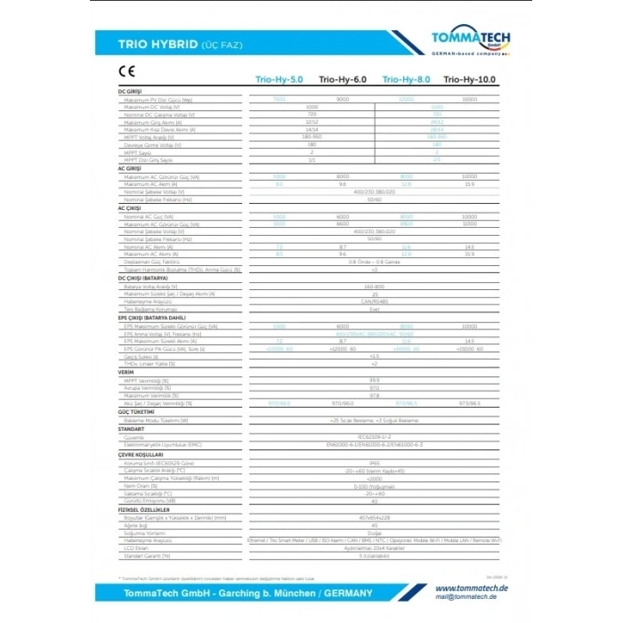 TommaTech Trio Hybrid 10kW Üç Faz Hibrit İnverter