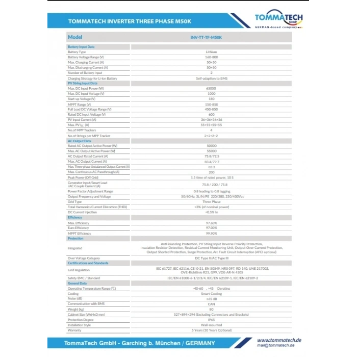 TommaTech Trio-Hybrid Maxi Serisi 50kW Trifaze Hibrit İnverter