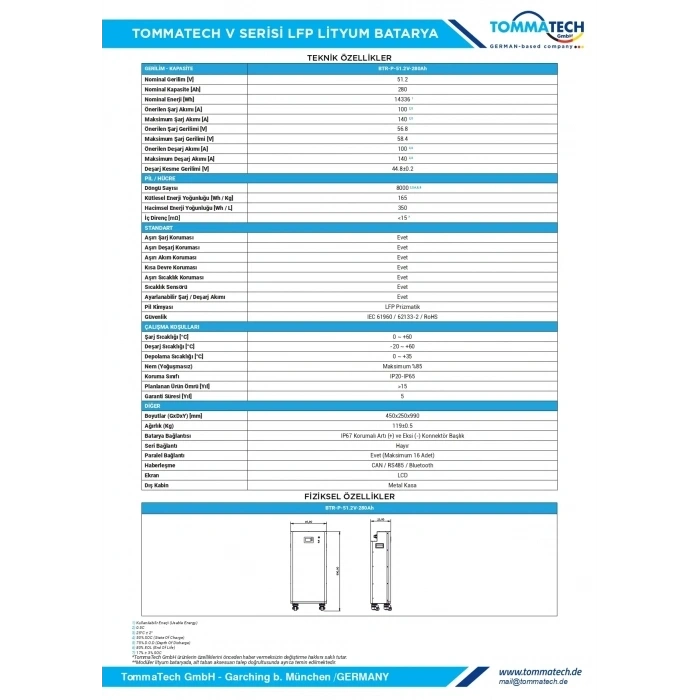 TommaTech 51.2V 280Ah V Serisi Modüler Lityum Batarya
