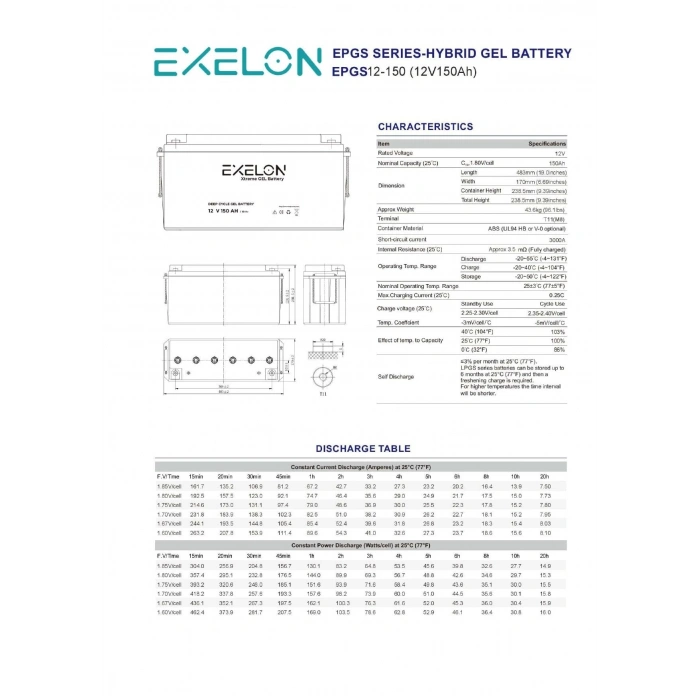 Exelon 12 Volt 150 Amper Jel Akü Derin Döngü Deep Cycle