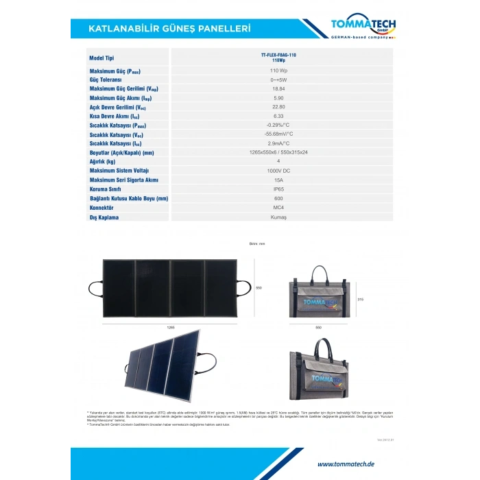 TommaTech Easy Life 110Wp Katlanır Güneş Paneli