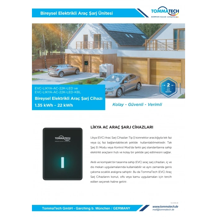 TommaTech Likya 22kW AC Elektrikli Araç Şarj Cihazı Ev Tipi Araç Şarj İstasyonu