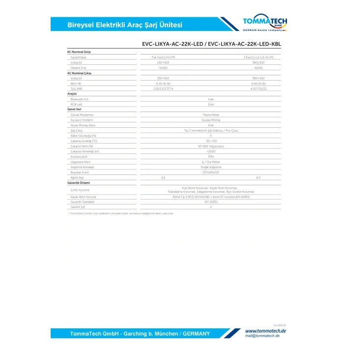 TommaTech Likya 22kW AC Elektrikli Araç Şarj Cihazı Ev Tipi Araç Şarj İstasyonu