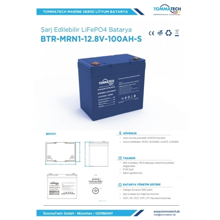 Tommatech Marine ABS Kasa Batarya 12.8V 100AH LFP Lityum Batarya