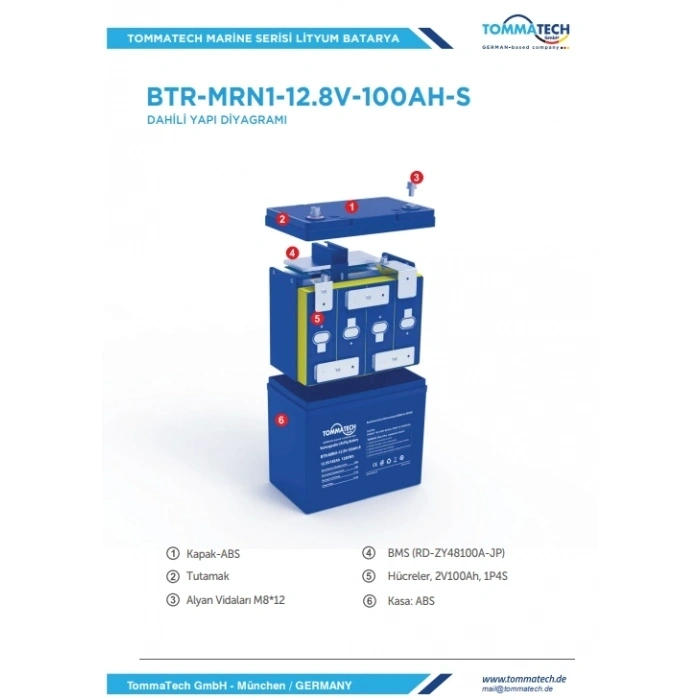 Tommatech Marine ABS Kasa Batarya 12.8V 100AH LFP Lityum Batarya