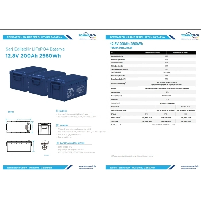 Tommatech Marine ABS Kasa Batarya 12.8V 200AH LFP Lityum Batarya