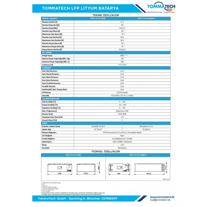 TommaTech Modüler Serisi 51.2V 102AH G2 LFP Lityum Batarya