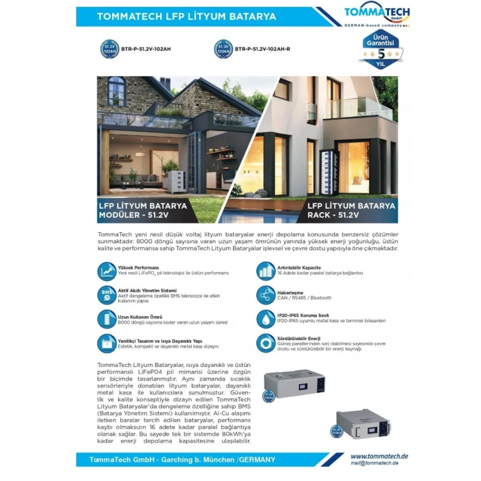 TommaTech Modüler Serisi 51.2V 102AH G2 LFP Lityum Batarya