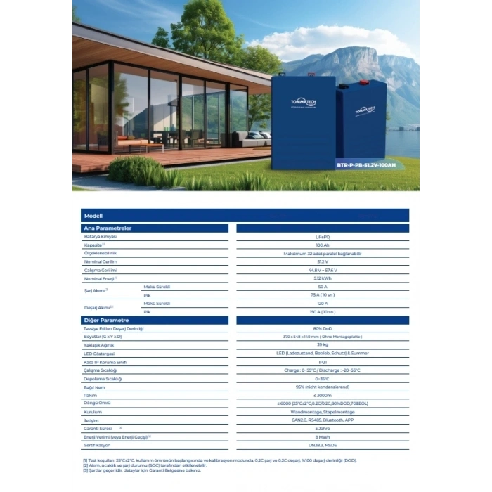 TommaTech PB Serisi 51.2V 100Ah LFP Lityum Batarya