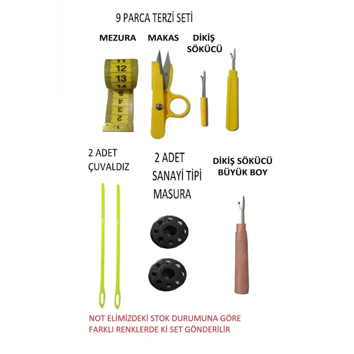 9 parça dikiş seti 1 makas 3 ilik açıcı 1 mezura 2 masura 2 çuvaldız hobi seti